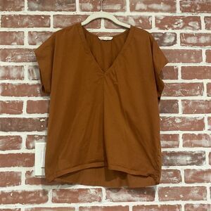 Grade & Gather Brown V Neck Short Sleeves Casual Mininalist Cropped Top Small
